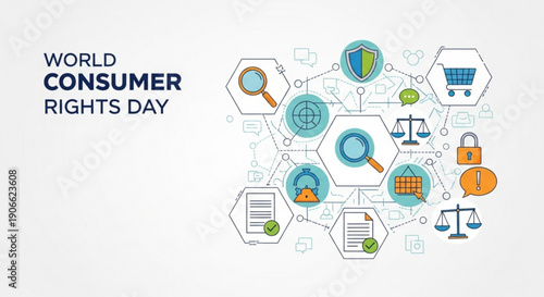 World consumer rights day illustration with magnifying glasses scales and shopping icons on white background