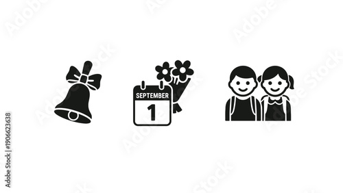 A bell icon with a bow and flowers on a calendar for back to school