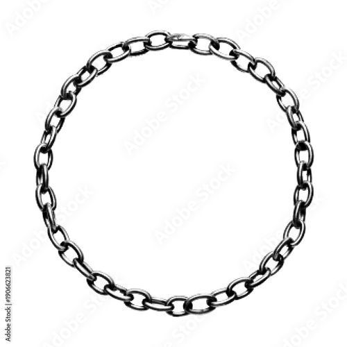 Circular metal chain frame illustration in monochrome halftone style. Industrial linked chain ring, minimal design isolated on white background, suitable for border, symbol, strength or security conce