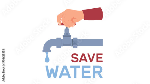 A hand turning off a dripping faucet with the words save water below