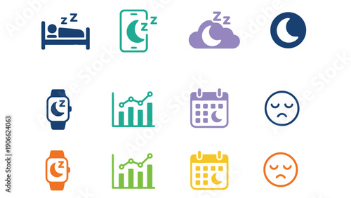 Sleep icons set including bed, phone, cloud, moon, watch, calendar, and emoticons vector illustration