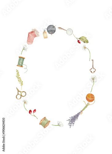 Cuadro en lienzo Vitage Cottagecore Frame with hand drawn sewing notions and floral bundle