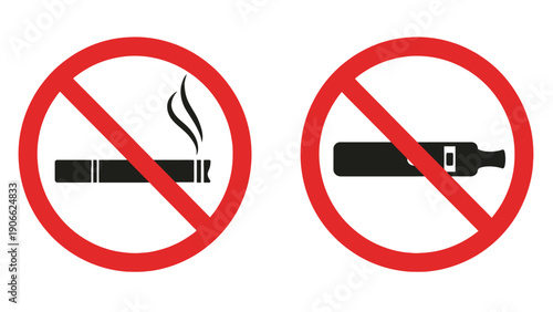 No smoking icons with cigarette and vape symbols in red circle