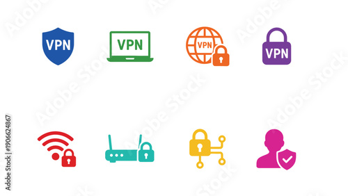 VPN vector icons set for secure online connection and privacy protection