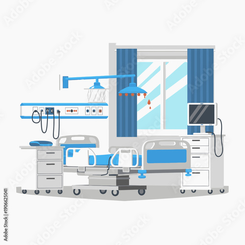 Modern Hospital Room with Advanced Medical Equipment and Comfortable Bed.
