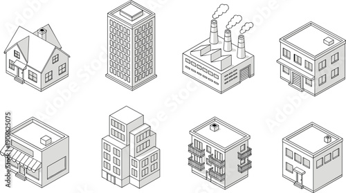 Isometric building icon set including residential house office skyscraper factory store apartment block and suburban home cad drawing flat vector illustration
