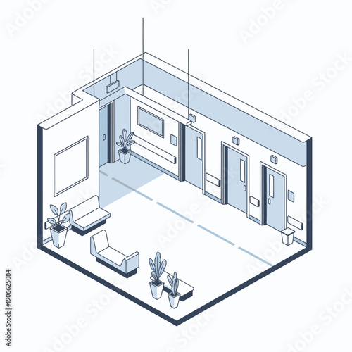 Isometric illustration of a modern office interior with furniture and plants.