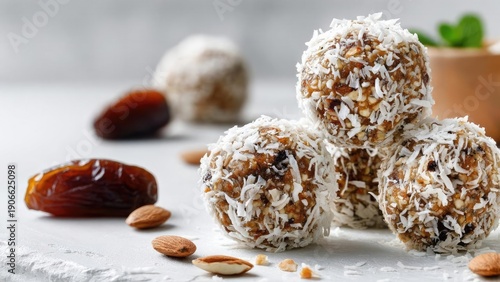 Date, almond and coconut energy balls coated in shredded coconut. Concept Healthy Snacks, Energy Balls, No-Bake Treats, Date and Almond Bites, Coconut Coating