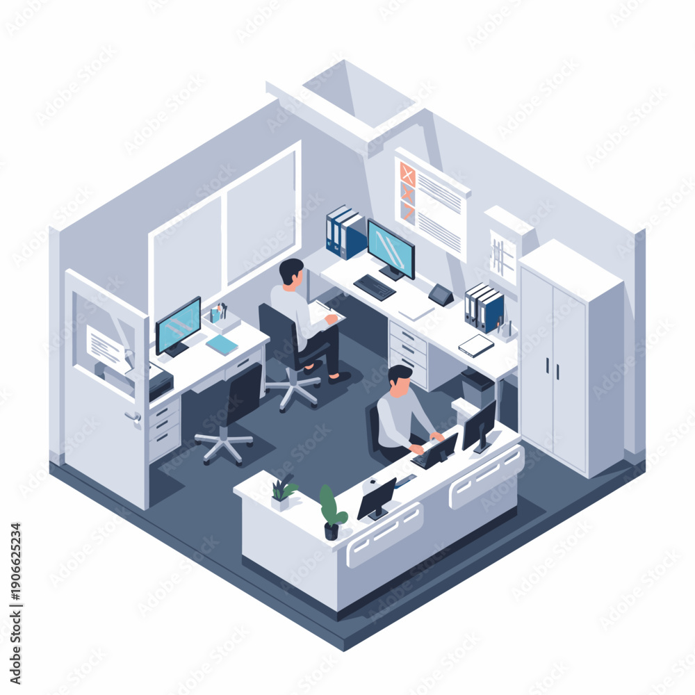 Obraz premium Isometric office space with multiple workstations and employees working on computers.