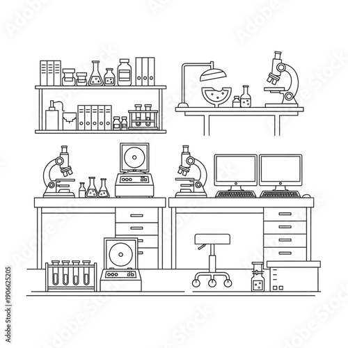 Laboratory equipment and workspace with microscopes and computers.