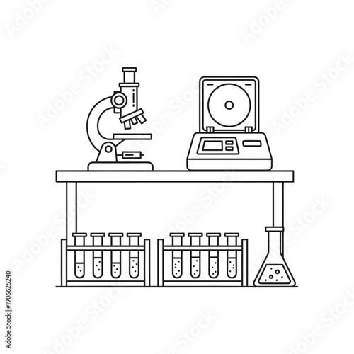 Laboratory equipment on a workbench with test tubes and a microscope.