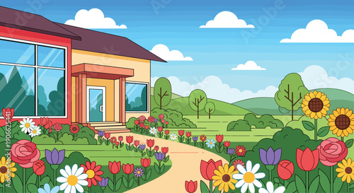 A charming illustration depicts a vibrant and colorful house surrounded by a magnificent blooming garden filled with various flowers, a winding pathway, and a clear blue sky.