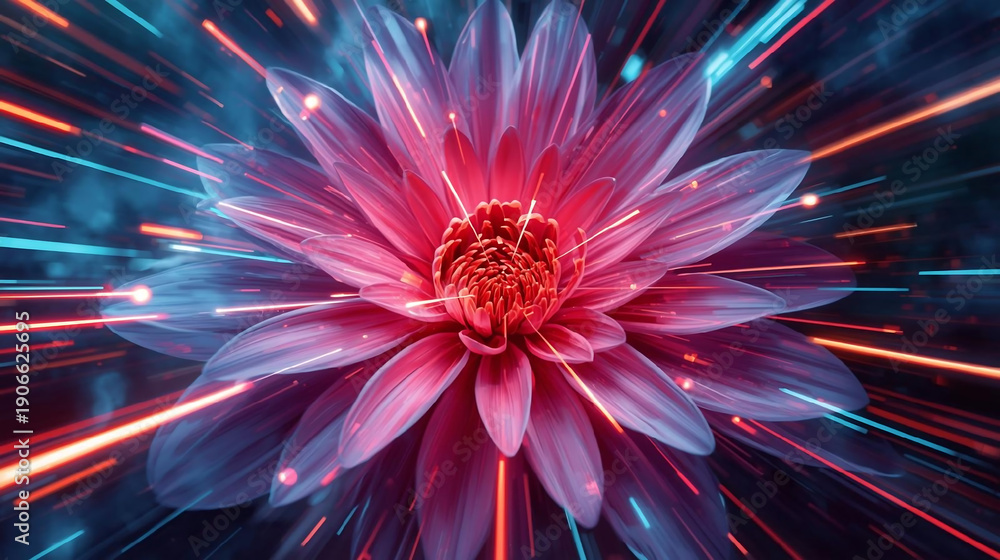 Obraz premium Beautiful pink lotus with blue light lines wallpaper 4k ,Generative AI.