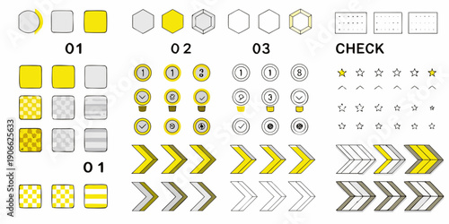 Various geometric shapes numbers arrows and symbols arranged in a grid pattern