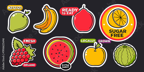 Colorful cartoon fruit stickers with text labels and nutritional information