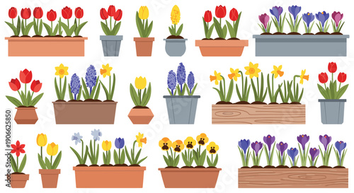A colorful collection of potted spring flowers, featuring tulips, daffodils, hyacinths, pansies, and crocuses, arranged in various pots.