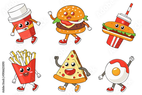 Animated fast food items burger pizza fries and drinks are cheerfully illustrated