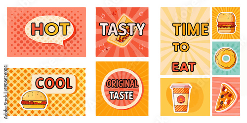 Colorful comic style panels featuring food and playful text phrases