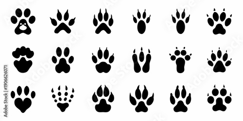Collection of various black animal paw prints on a white background