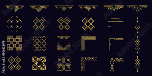 Geometric golden ornaments and decorative art deco patterns on a dark background