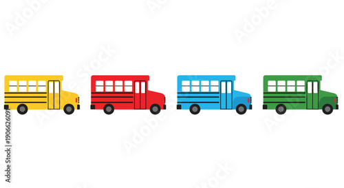 Four vibrantly colored cartoon school buses, including yellow, red, blue, and green vehicles, are depicted in a neat horizontal alignment against a clean and isolated white background.