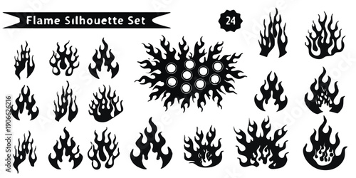 Collection of stylized black flame graphics with decorative frames