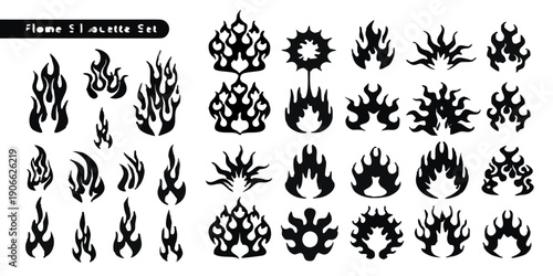 Collection of stylized black flame designs arranged on a dark background