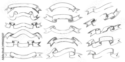 Collection of decorative ribbons and banners in grayscale sketch style