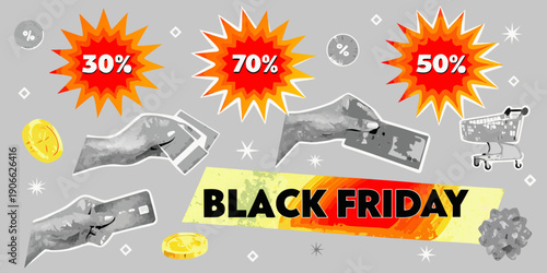 Black friday sale advertisement with discounts shopping and payment methods