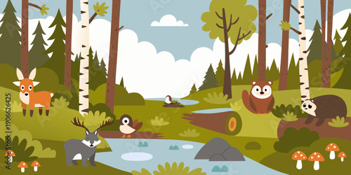 A charming forest scene featuring woodland creatures and vibrant greenery