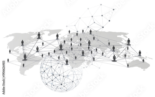World Map, Connected People, Figures Representing Users or Partners, Nodes on a Polygonal Globe Mesh - Black and White Modern Minimal Style Network Structure, Web and Telecommunications Concept Design