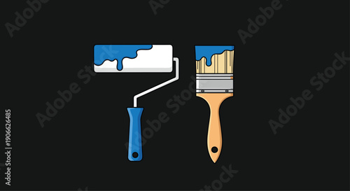 A professional blue paint roller and a wooden-handled paintbrush, both covered with vibrant blue dripping paint, are neatly displayed side-by-side against a smooth, dark gray background.