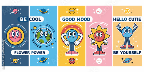 Colorful cartoon stickers featuring cheerful faces and positive messages