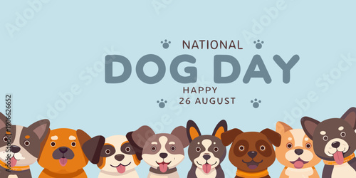 National dog day celebration with happy cartoon dogs and paw prints
