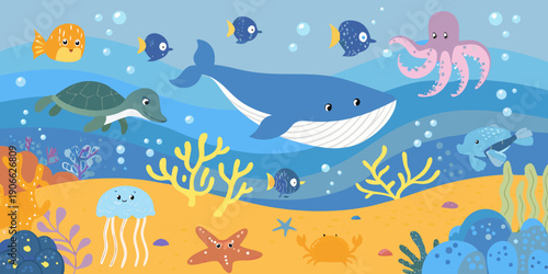 A colorful underwater scene featuring various marine life and coral