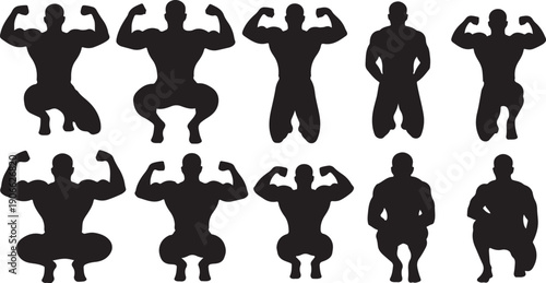 Silhouettes of men in various poses and exercises flexing