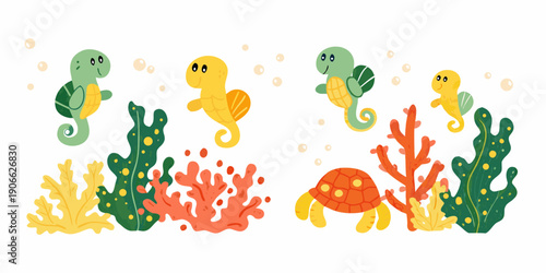 Colorful cartoon seahorses turtle coral and seaweed in a marine scene