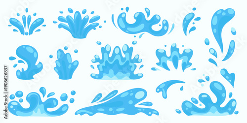 Collection of cartoon style water splashes and droplets in various shapes