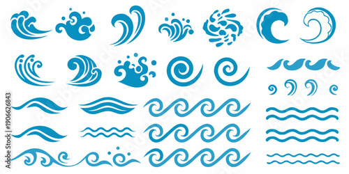 Collection of stylized blue water wave and swirl design elements