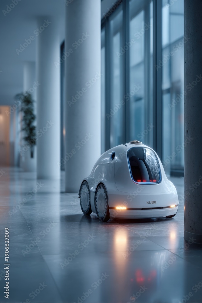 Fototapeta premium Autonomous delivery robot in modern office hallway generated by AI