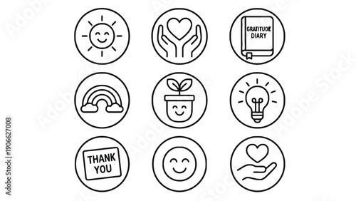 A set of gratitude icons including smiley faces and thankful symbols vector illustration