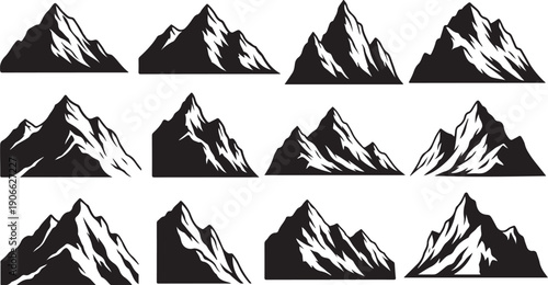 Collection of various mountain silhouettes in black and white