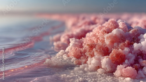 Mound of pink salt crystals on a sunny beach shore. generated by AI