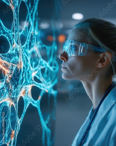 Scientist studying glowing neural network in lab generated by AI