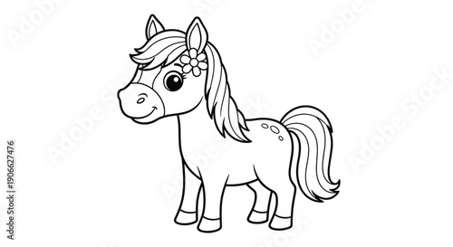 A charming cartoon pony with a stylized mane and tail, adorned with a delicate flower behind its ear, stands gracefully with a gentle smile on a pristine white background.
