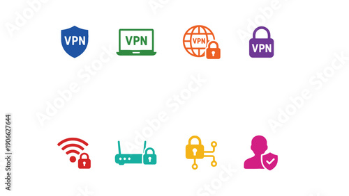 VPN vector icons set for secure online connection and privacy protection