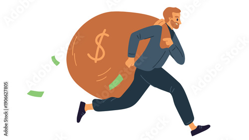 Money bag vector illustration of a businessman running with a large sack of dollars