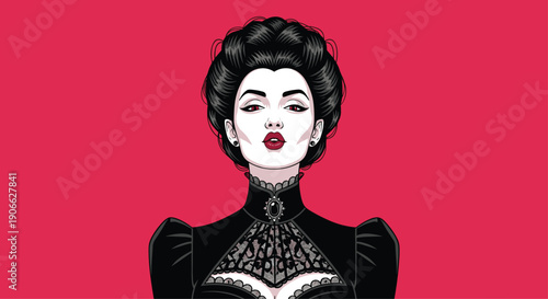 A sophisticated woman with an elaborate dark updo wears a Victorian-style black lace gown featuring a high collar and a detailed cameo brooch against a vivid red background.