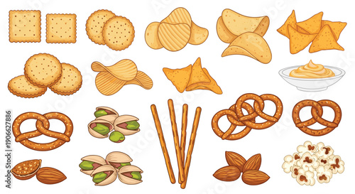 A diverse collection of savory snack foods is neatly arranged across a white background, featuring various crackers, chips, pretzels, nuts, breadsticks, popcorn, and a small bowl of dip.