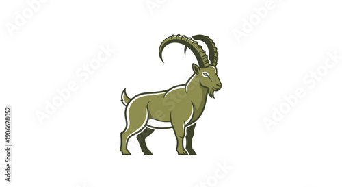 Stylized Ibex Goat with Large Curved Horns, Vector Illustration